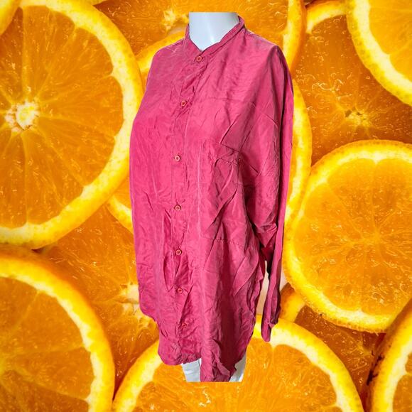 City Streets Men's Red Silk Long Sleeve Band Collar Button-Down Shirt Size L - Picture 4 of 7